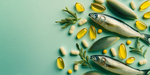 Omega-3-reiche Lebensmittel und Nahrungsergänzungsmittel, präsentiert auf einer hellgrünen Oberfläche mit Fisch, goldenen Kapseln, Tabletten und grünen Zweigen.