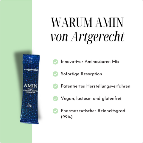 Produktstick "A'MIN EVAA" vor einem grünen Hintergrund. Text betont Vorteile: "Innovativer Aminosäuren-Mix," "sofortige Resorption," "patentiertes Herstellungsverfahren," sowie "vegan, laktose- und glutenfrei" und "pharmazeutischer Reinheitsgrad (99%).