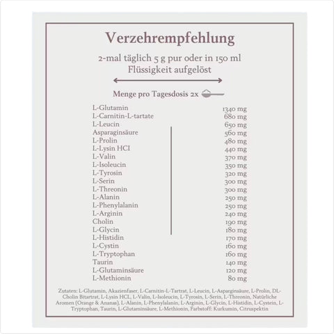 Liste der Nährstoffempfehlungen für ein Produkt, das zweimal täglich 5 g in 150 ml Flüssigkeit aufgelöst konsumiert werden soll. Die Tabelle enthält Mengenangaben für Aminosäuren wie L-Glutamin (1340 mg), L-Carnitin-L-Tartrat (680 mg), L-Leucin (650 mg) und andere wichtige Inhaltsstoffe. Zutatenliste unten aufgeführt, einschließlich natürlicher Aromen und Farbstoffe.