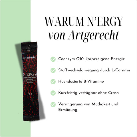 Produktbeschreibung für "N’ERGY von Artgerecht". Vorteile wie „Coenzym Q10: körpereigene Energie“, „Stoffwechselanregung durch L-Carnitin“, „hochdosierte B-Vitamine“ und „Verringerung von Müdigkeit“ werden hervorgehoben. Auf der linken Seite ein einzelner schwarzer Stick des Produkts.