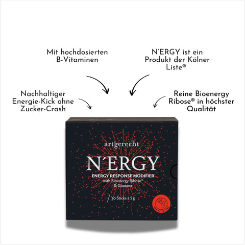 Verpackung des Produkts "N’ERGY" mit roten feuerwerksähnlichen Details auf schwarzem Hintergrund. Pfeile heben Vorteile hervor, wie „Mit hochdosierten B-Vitaminen“, „Nachhaltiger Energie-Kick ohne Zucker-Crash“ und „Reine Bioenergy Ribose® in höchster Qualität“.