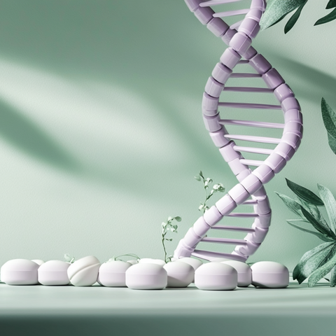 Biohacking und genetische Optimierung: Stilisiertes DNA-Helix-Modell aus Kapseln, umgeben von weißen Supplements und grünen Pflanzen. Symbolisiert die Verbindung von Genetik, Nahrungsergänzung und personalisierter Gesundheit.