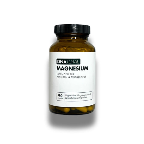 Braunglasflasche DNatural Magnesium mit 90 Kapseln auf weißem Hintergrund – Hochwertiges Magnesium für Muskel- und Nervenfunktion.