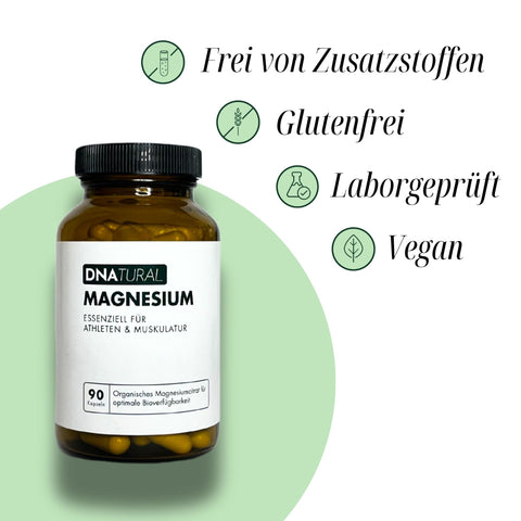 Flasche DNatural Magnesium mit grüner Grafik – Frei von Zusatzstoffen, glutenfrei, laborgeprüft und vegan.
