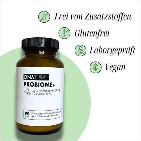 Flasche DNatural Probiome+ mit grüner Grafik – Frei von Zusatzstoffen, glutenfrei, laborgeprüft und vegan.
