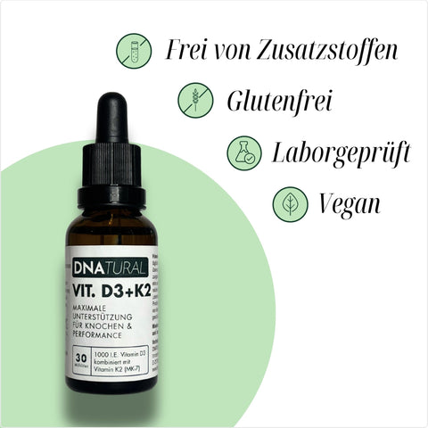 DNatural Vitamin D3 + K2 mit grüner Grafik – Vegan, glutenfrei, laborgeprüft und frei von Zusatzstoffen.